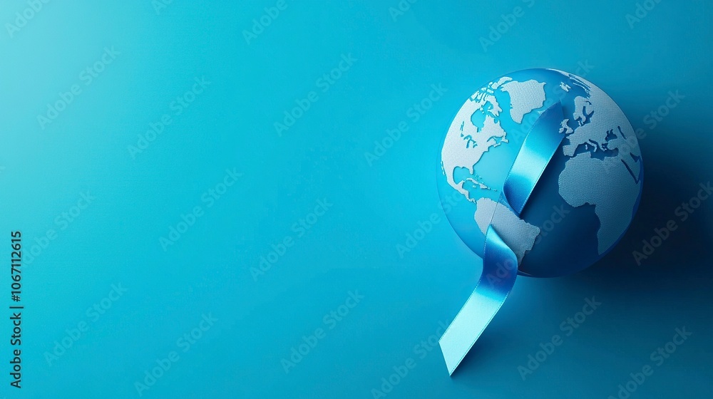 Obraz premium Concept of World Diabetes Day , The world is surrounded by a blue ribbon pin , free space on the left side , on blue background , illustration , generative ai