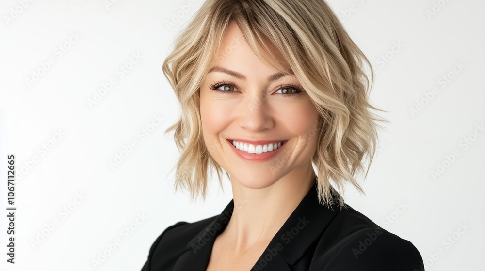 Smiling professional woman in a business suit poses against a light background during a sunny afternoon in an office setting Smiling professional woman in a business suit poses against a light background during a sunny afternoon in an office setting