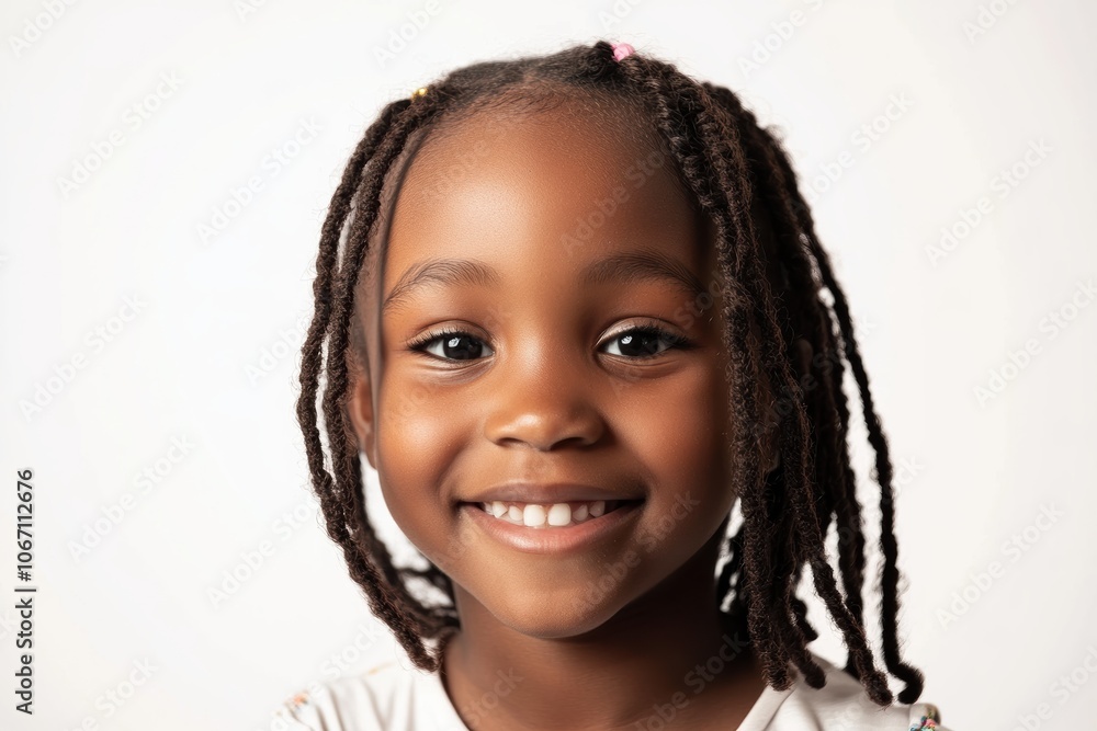 A young African girl bright smile stands out against a white background, highlighting her natural beauty and pure innocence in this charming portrait. A young African girl bright smile stands out against a white background, highlighting her natural beauty and pure innocence in this charming portrait.