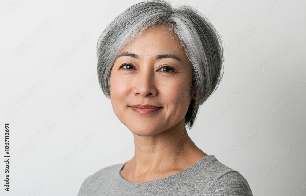 An elderly Asian grandmother with silver hair poses gracefully against a white backdrop, her gentle expression capturing the wisdom and grace of old age. An elderly Asian grandmother with silver hair poses gracefully against a white backdrop, her gentle expression capturing the wisdom and grace of old age.