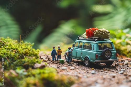 A miniature scene depicting travelers by a vintage car in a lush forest environment.