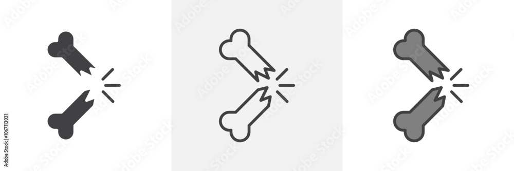 Broken bone icon in black and colored style. Broken bone icon in black and colored style.