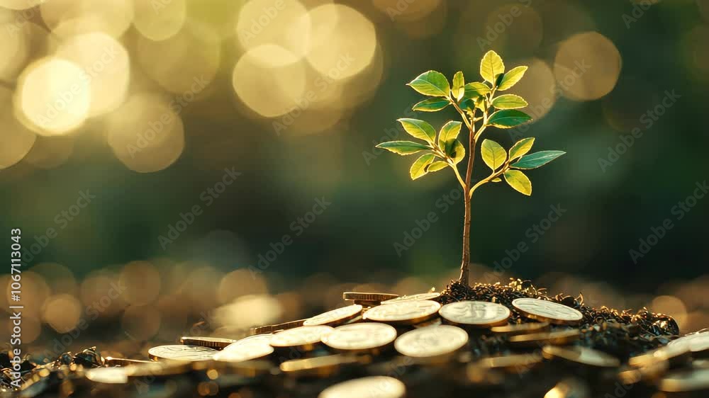 A small tree growing from a pile of gold coins, financial growth and investment, with a soft-focus background