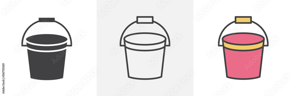 Water bucket icon in black and colored style. Water bucket icon in black and colored style.