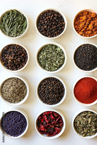 A variety of spices in white bowls on a table