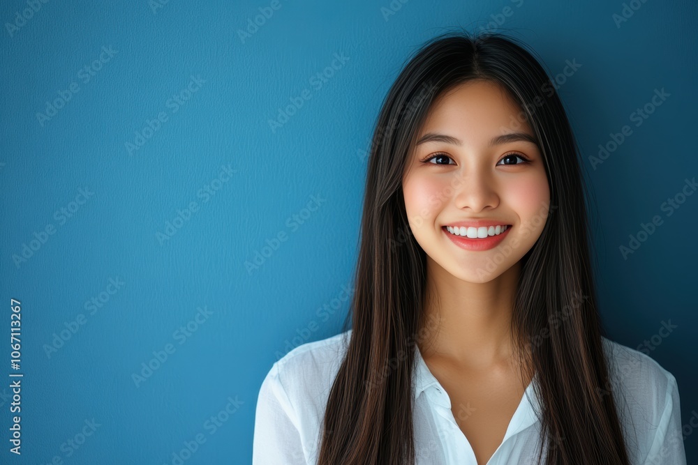 Beautiful Asian girl with long dark hair stands smiling warmly in front of a turquoise background. She is wearing a simple white shirt, exuding natural beauty and positivity. Beautiful Asian girl with long dark hair stands smiling warmly in front of a turquoise background. She is wearing a simple white shirt, exuding natural beauty and positivity.