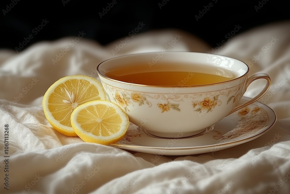 Tea with lemon close-up on the background of a blanket. Vitamins, hot drink Tea with lemon close-up on the background of a blanket. Vitamins, hot drink