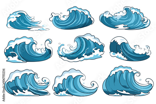 Vector sea waves icons collection. Illustration of blue ocean waves with white foam. Water splash set.