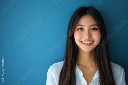 Beautiful Asian girl with long dark hair stands smiling warmly in front of a turquoise background. She is wearing a simple white shirt, exuding natural beauty and positivity.