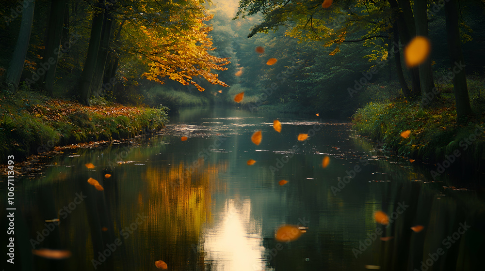 Fototapeta premium Serene autumn forest river with falling leaves.