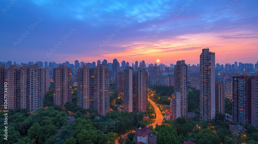 Fototapeta premium An aerial view of a city skyline at sunset with tall buildings and a road winding through the city.