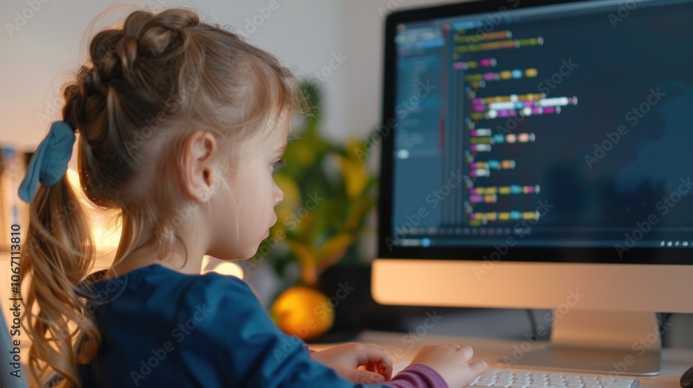 Young girl engaged in coding on computer, fostering early stem learning. Young girl engaged in coding on computer, fostering early stem learning.