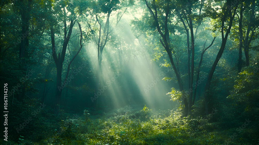 Sunbeams pierce through the canopy of a lush green forest, creating a mystical atmosphere. Sunbeams pierce through the canopy of a lush green forest, creating a mystical atmosphere.