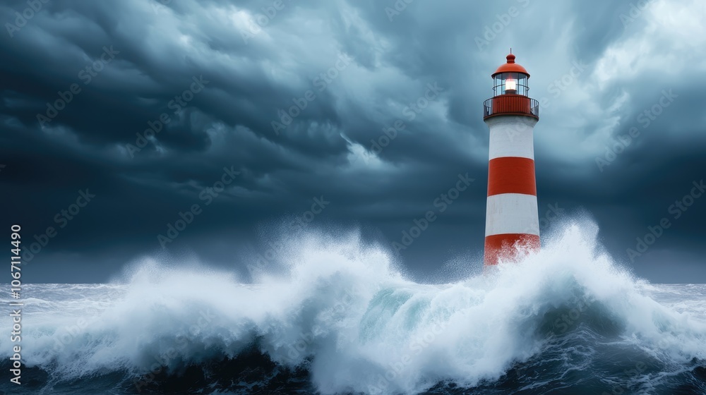 Powerful ocean waves crashing against a lighthouse during a storm, showing the unstoppable force of water, stormy seas, lighthouse resilience
