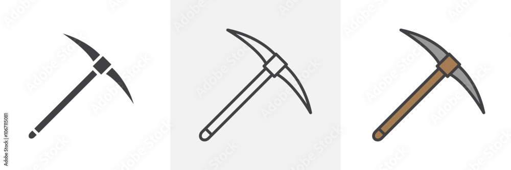 Pick axe icon in black and colored style. Pick axe icon in black and colored style.