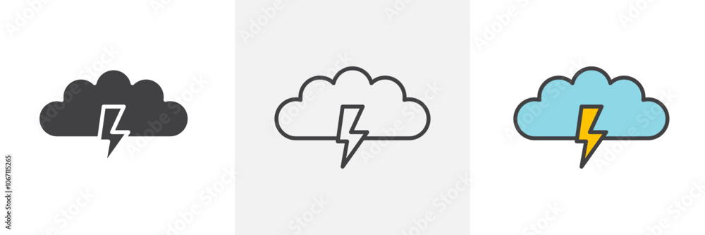 Cloud lightning icon in black and colored style. Cloud lightning icon in black and colored style.