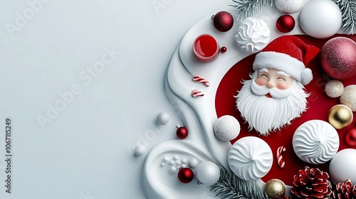 Santa Claus surrounded by Christmas red and white decorations photo