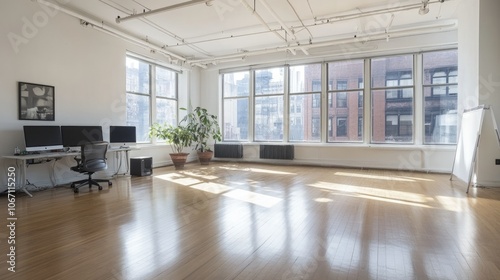 Bright and airy workspace with large windows and minimal decor