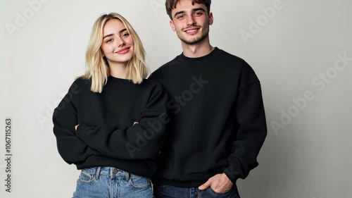 fashion shot, oversized black sweatshirts, blue jeans, blonde woman and white dark haired man, man standing behind, sokid white background photo