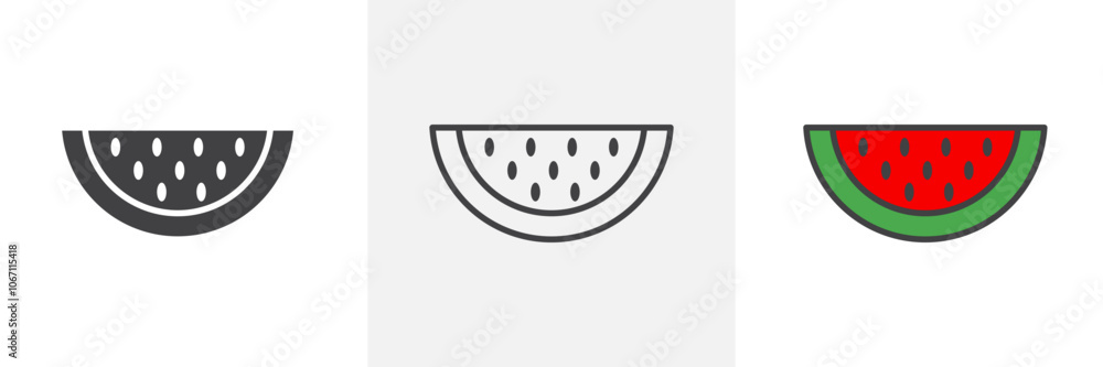 Watermelon icon in black and colored style. Watermelon icon in black and colored style.