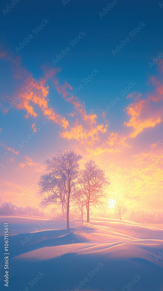 Serene winter sunrise over snow-covered landscape with silhouettes of trees against a colorful sky. Serene winter sunrise over snow-covered landscape with silhouettes of trees against a colorful sky.