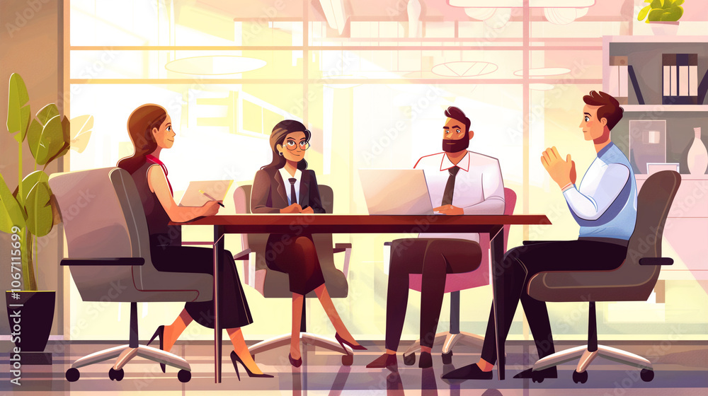 Business meeting. illustration of group people sitting at a table and discussing work in office for effective teamwork and communication.
Business meeting. illustration of group people sitting at a table and discussing work in office for effective teamwork and communication.