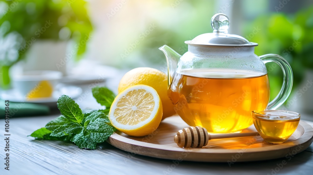 Cozy and soothing herbal tea setup with honey lemon and natural lighting on a wooden tray creating a calming and peaceful atmosphere for a relaxing moment Cozy and soothing herbal tea setup with honey lemon and natural lighting on a wooden tray creating a calming and peaceful atmosphere for a relaxing moment