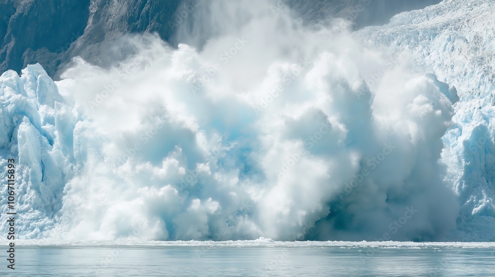 Melting glacier breaking apart, ice plunging into ocean waters. AI generated Melting glacier breaking apart, ice plunging into ocean waters. AI generated
