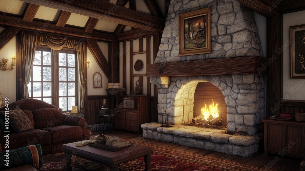 Cozy Rustic Living Room with Stone Fireplace and Snow View Cozy Rustic Living Room with Stone Fireplace and Snow View