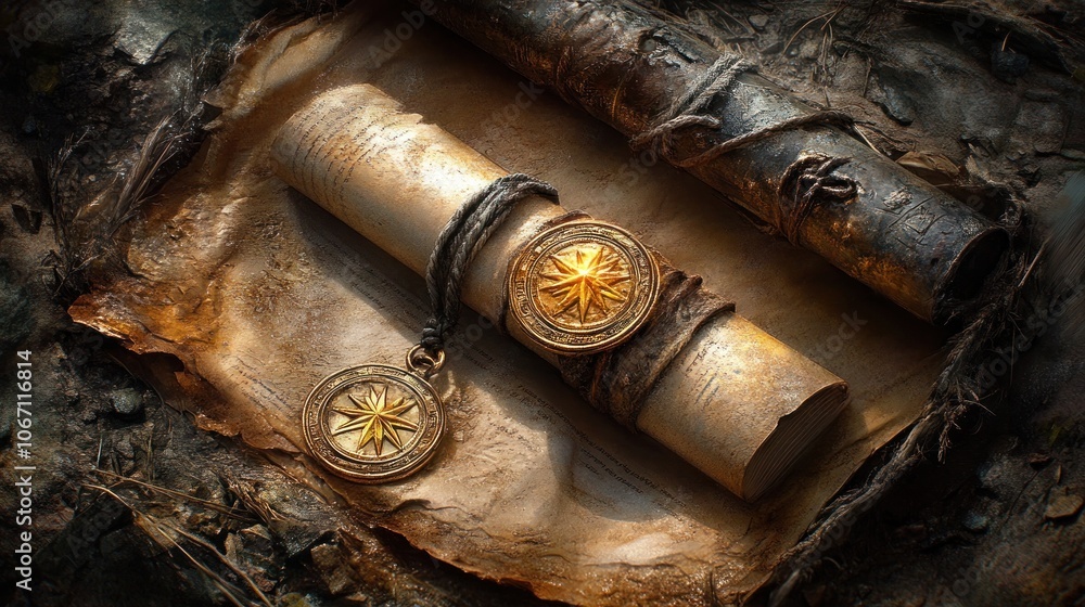 An antique scroll with a compass charm rests on parchment. An antique scroll with a compass charm rests on parchment.
