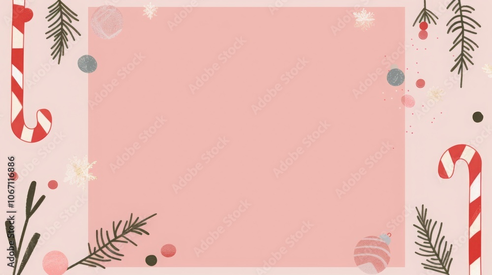 Minimalist Christmas greeting card design featuring candy cane, fir branches, and various shaped decorations on red banner with ample space for text or additional elements. Minimalist Christmas greeting card design featuring candy cane, fir branches, and various shaped decorations on red banner with ample space for text or additional elements.