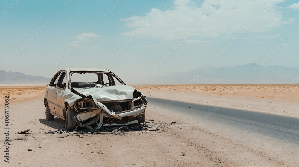 Abandoned and crumpled remains of a car on a barren desert highway with heat waves shimmering in the scorching landscape This gritty Abandoned and crumpled remains of a car on a barren desert highway with heat waves shimmering in the scorching landscape This gritty