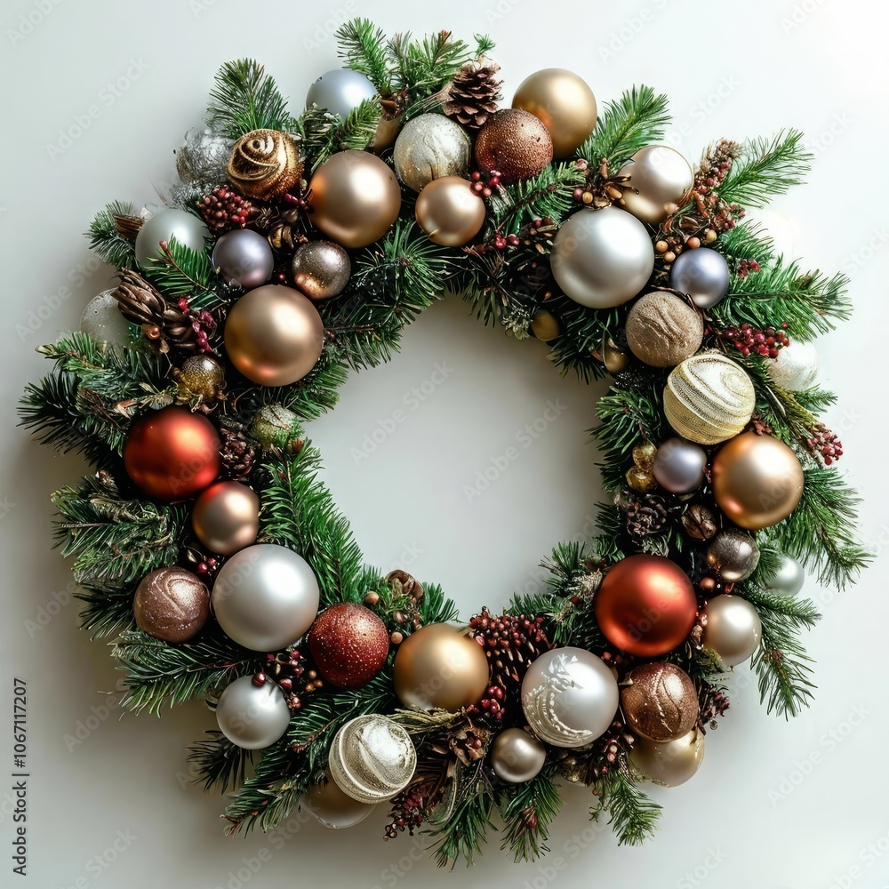Elegant Christmas wreath decorated with balls and pine cones. The perfect holiday decoration for a cozy seasonal atmosphere. Elegant Christmas wreath decorated with balls and pine cones. The perfect holiday decoration for a cozy seasonal atmosphere.