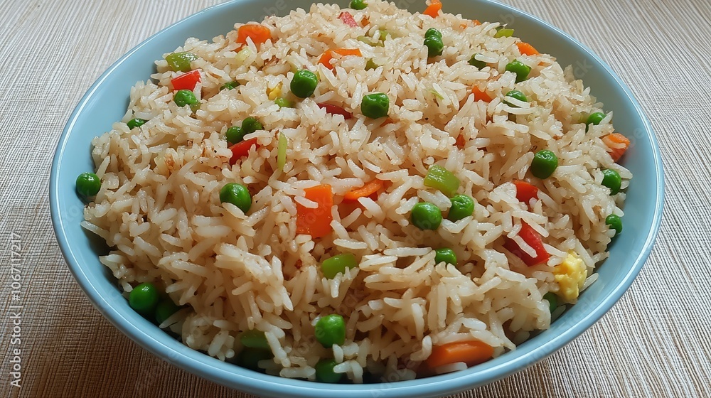Colorful Vegetable Fried Rice in a Blue Bowl Colorful Vegetable Fried Rice in a Blue Bowl