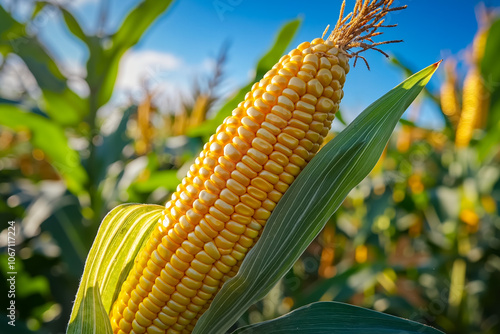 A close up of an ear of corn on a stalk in a field photo