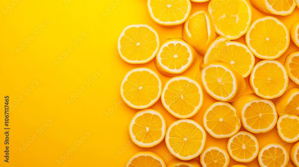 A bunch of sliced oranges on a yellow background A bunch of sliced oranges on a yellow background