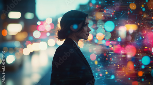 Businesswoman in Futuristic City with Digital Network Overlay