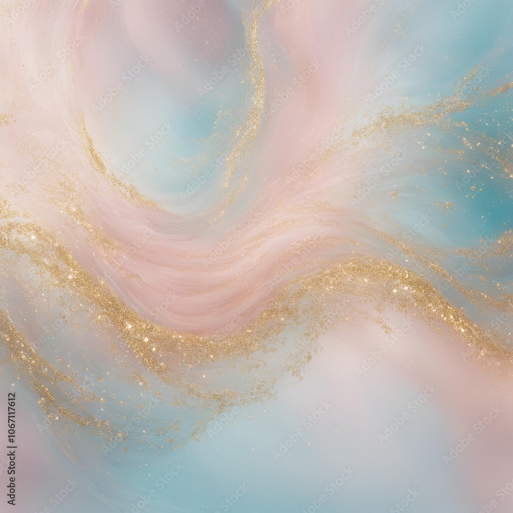 Obraz premium Sparkling Texture with Swirling Pale Pink, Light Blue, and Gold Ink in Soft, Feminine Design with Metallic Shimmers