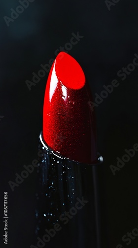 A close up of a red lipstick on a black background photo