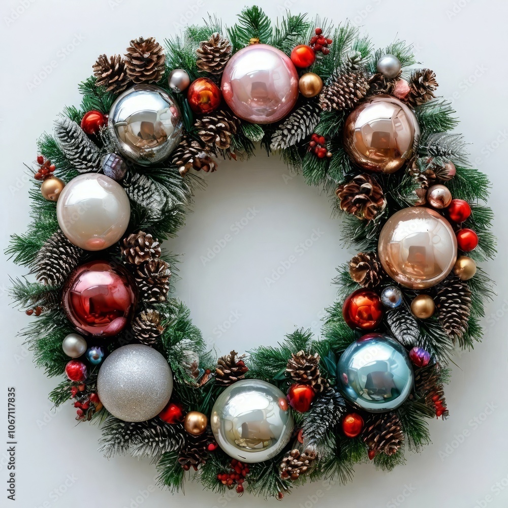 Elegant Christmas wreath decorated with balls and pine cones. The perfect holiday decoration for a cozy seasonal atmosphere.