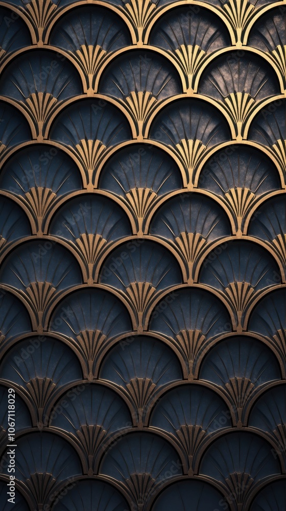 A close-up of an ornate architectural design featuring a golden fan pattern on a dark background. A close-up of an ornate architectural design featuring a golden fan pattern on a dark background.