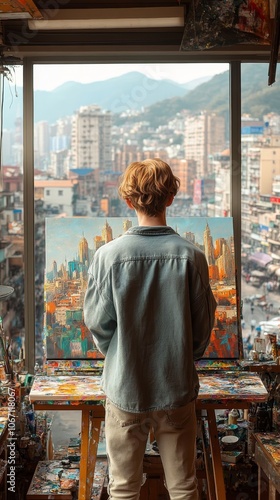 Artist painting landscape city view.