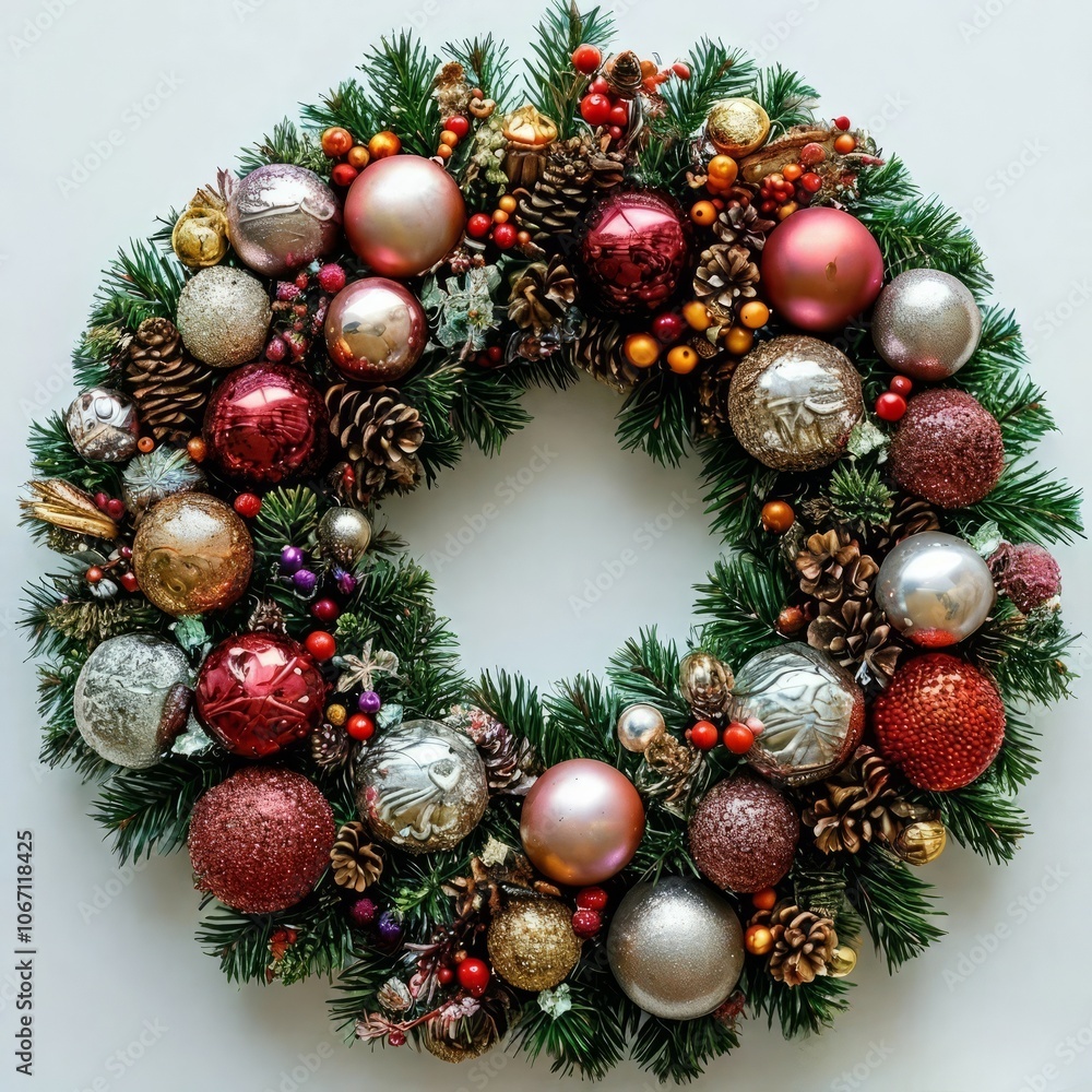 Elegant Christmas wreath decorated with balls and pine cones. The perfect holiday decoration for a cozy seasonal atmosphere. Elegant Christmas wreath decorated with balls and pine cones. The perfect holiday decoration for a cozy seasonal atmosphere.