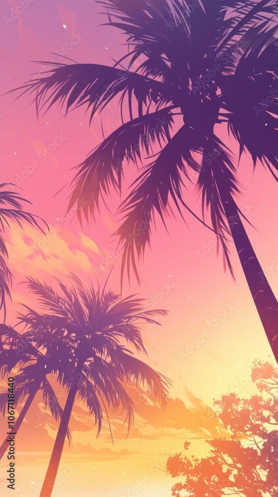 Obraz premium Silhouetted palm trees against a vibrant sunset sky creating a tropical paradise atmosphere.
