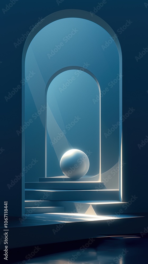 A serene blue abstract scene featuring a luminous orb resting on steps within a series of archways. A serene blue abstract scene featuring a luminous orb resting on steps within a series of archways.