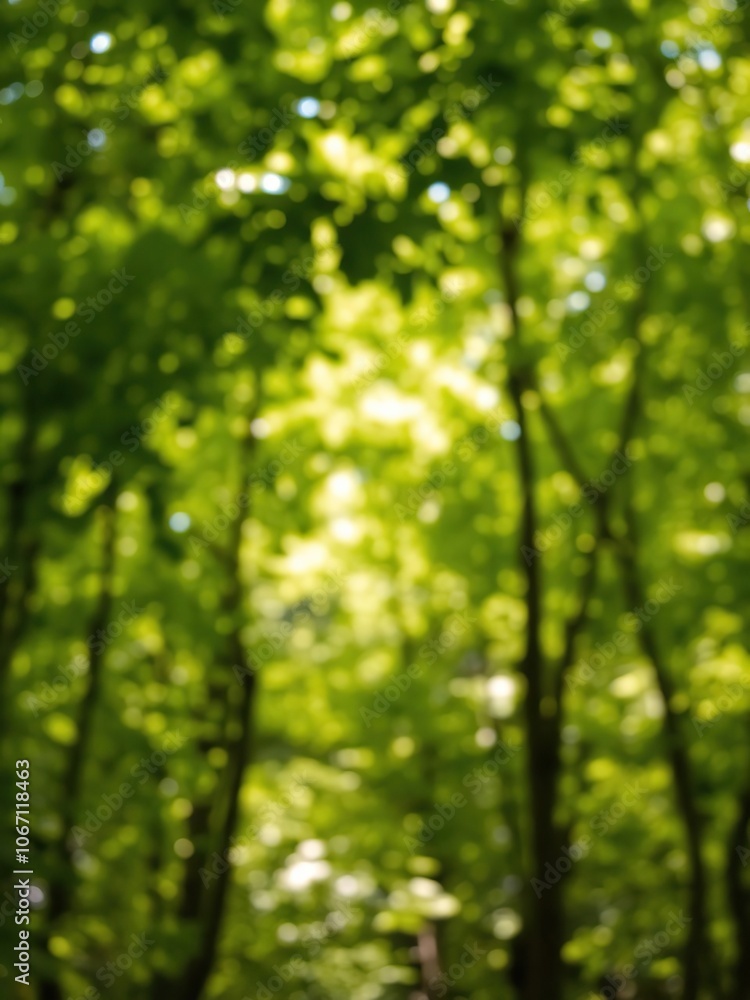 Blurred background of lush green forest with soft sunlight filtering through the leaves, blurred Blurred background of lush green forest with soft sunlight filtering through the leaves, blurred