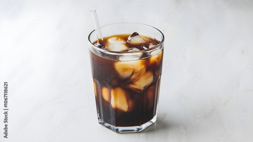 Glass of cold brew coffee over ice in minimalist white background Glass of cold brew coffee over ice in minimalist white background