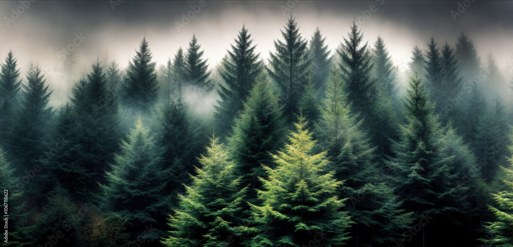a dense forest of tall pine trees under a cloudy sky. The trees are dense and foggy, creating a serene and mysterious atmosphere. a dense forest of tall pine trees under a cloudy sky. The trees are dense and foggy, creating a serene and mysterious atmosphere.
