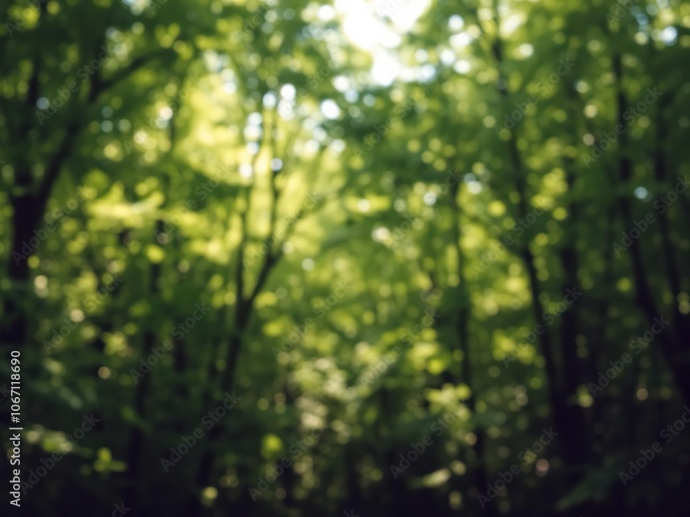 Obraz premium Blurred background of lush green forest with sunlight filtering through trees, artistic