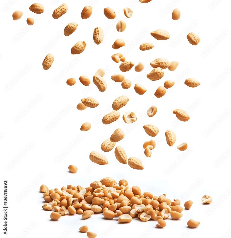 Shelled Peanuts Falling and Scattered on White Background Shelled Peanuts Falling and Scattered on White Background
